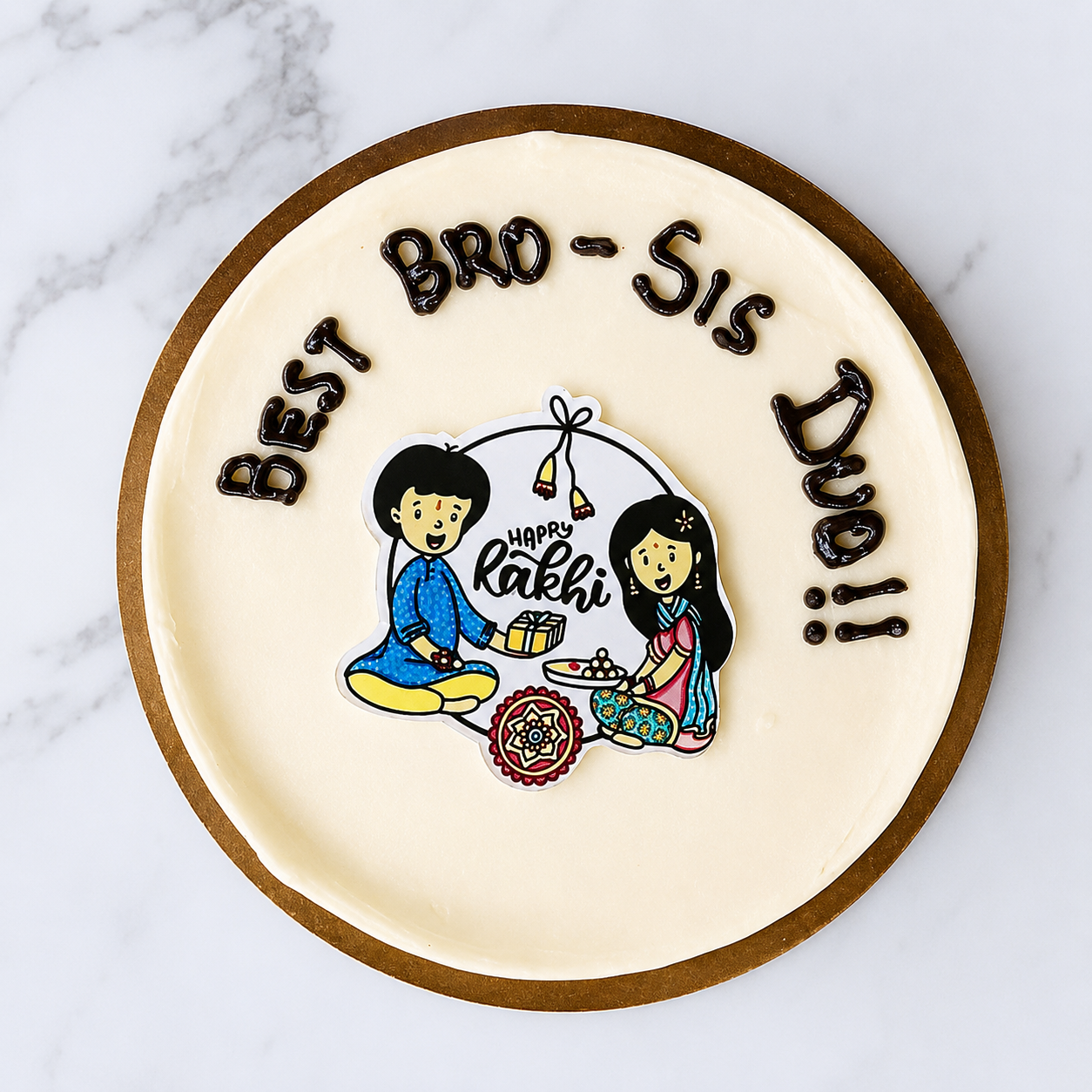 Best Bro-Sis Duo Rakhi Cake with cream finish, chocolate message, and brother-sister Happy Rakhi edible design for Raksha Bandhan
