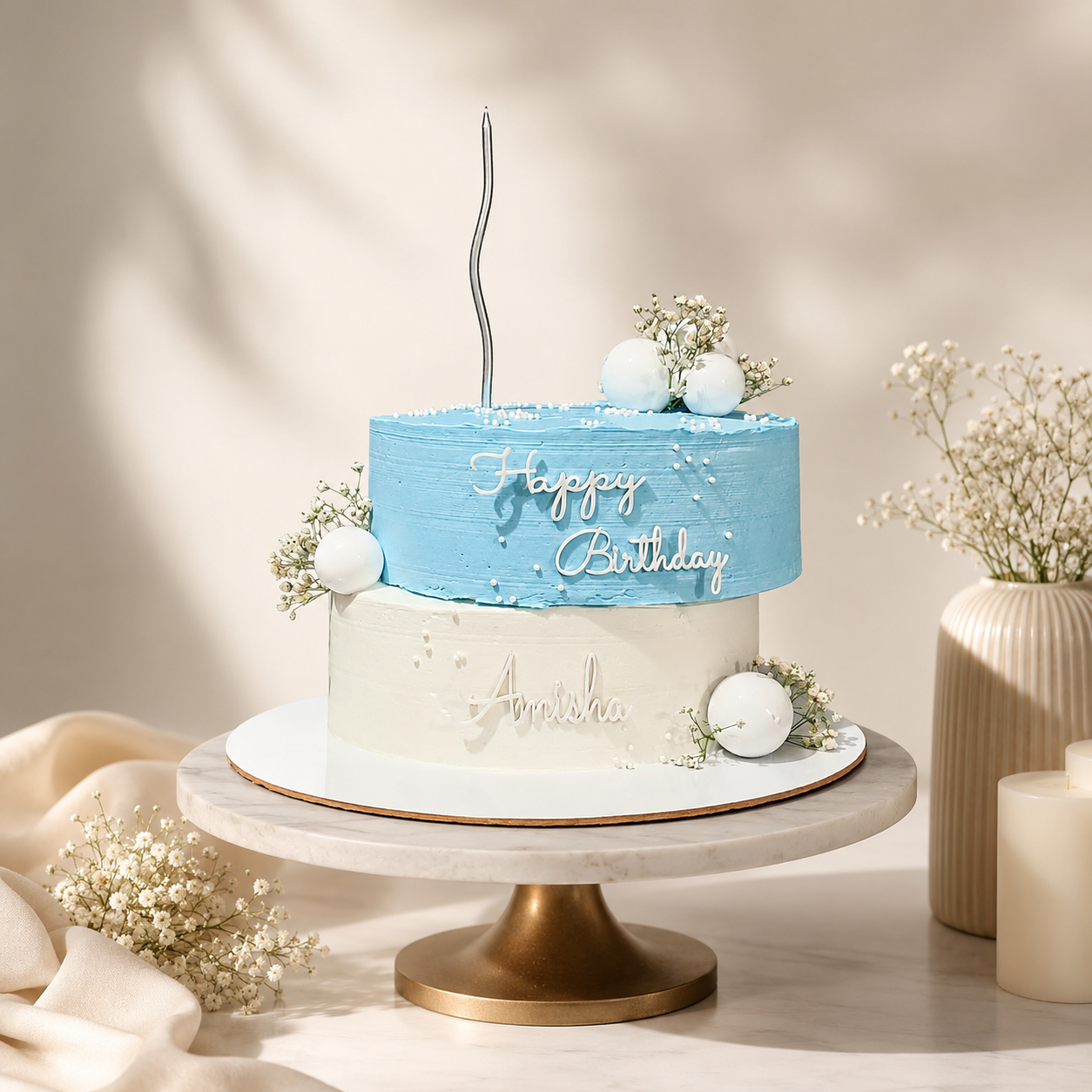 Azure Pearl Birthday Cake | Premium Blue & White Customized Birthday Cake